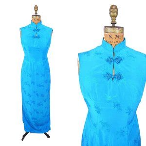 Vintage 1960s Cheongsam Bright Blue Long Dress | W 26"